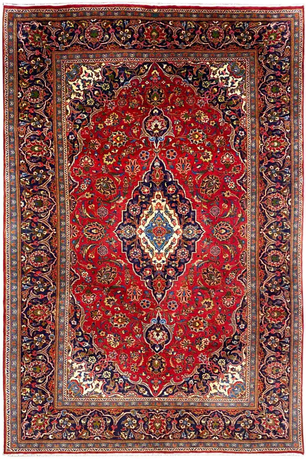 A beautiful Keshan rug in Red color representing a strings of flowers and a medallion in various color. 