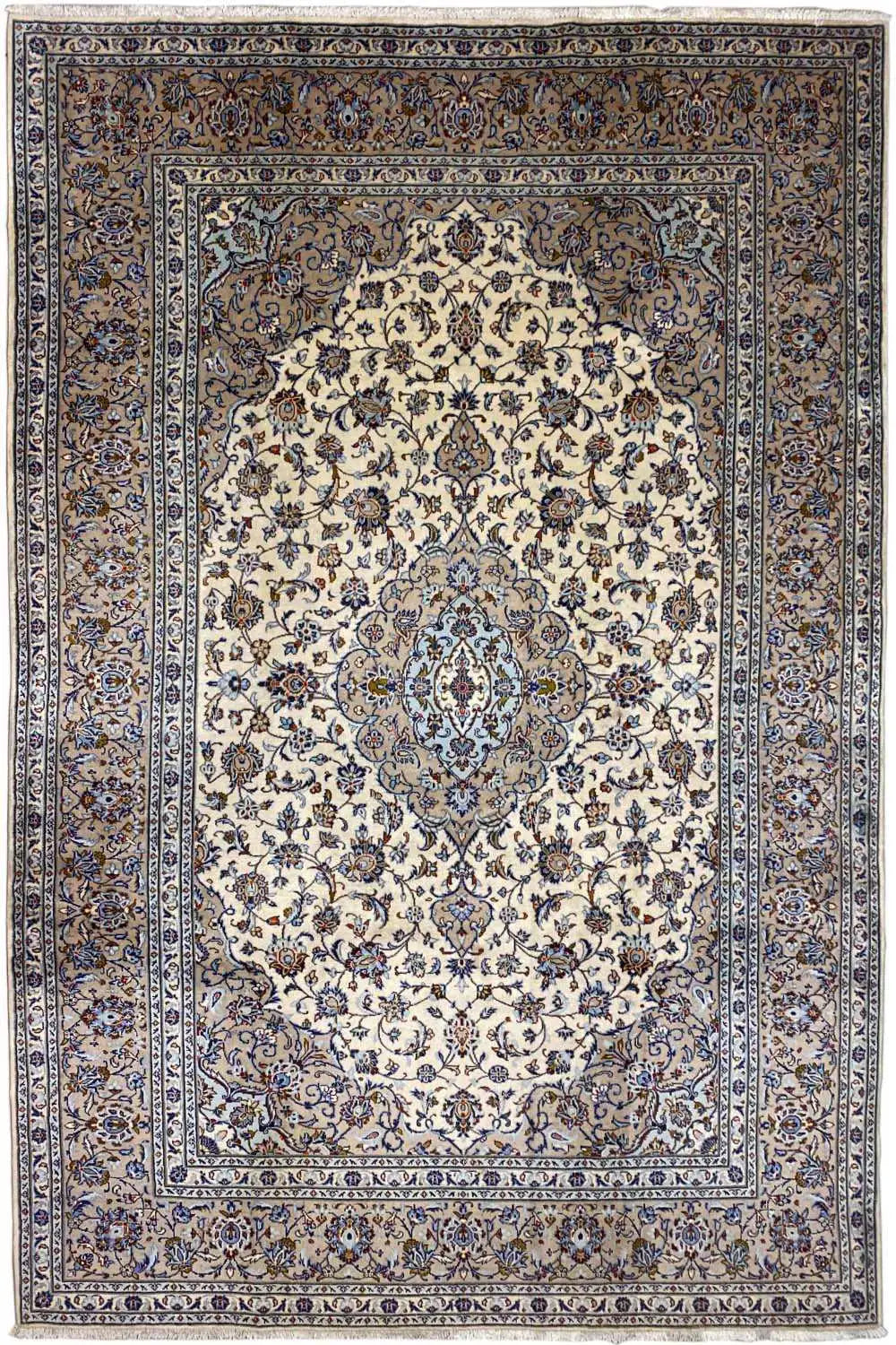 A beautiful Keshan rug in beige color showing a medallion in the center as well as strings of colorful flowers. 